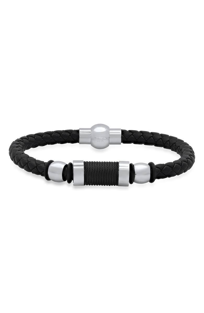 HMY JEWELRY Men's Stainless Steel & Braided Leather Bracelet, Main, color, Black-Metallic