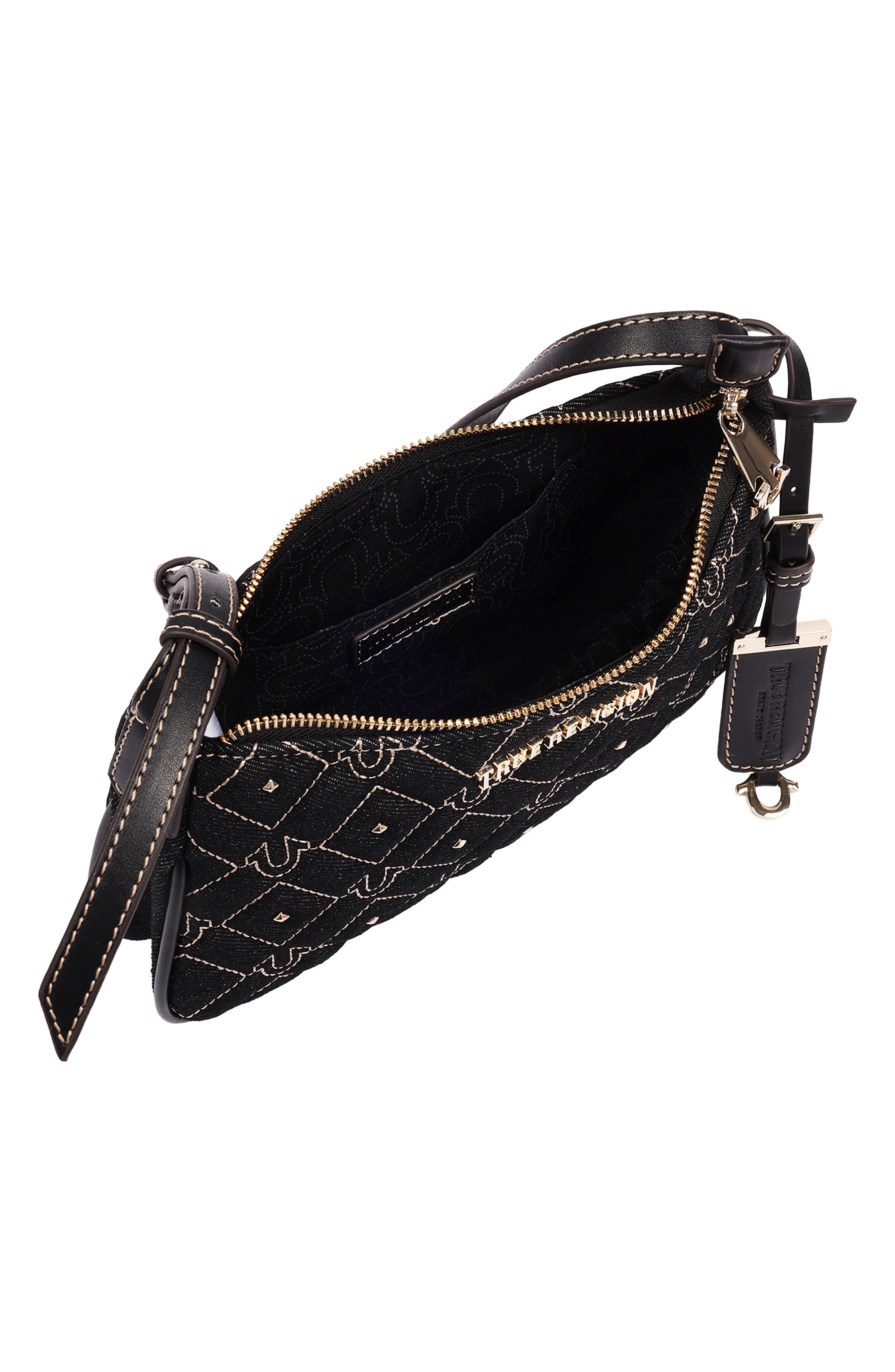 Studded Denim Shoulder Bag, Alternate, color, BLACK