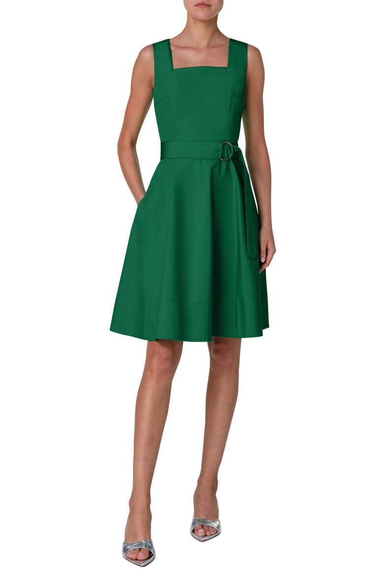 Belted Square Neck Cotton Fit & Flare Dress, Main, color, LEAF GREEN