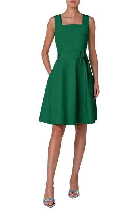 Belted Square Neck Cotton Fit & Flare Dress