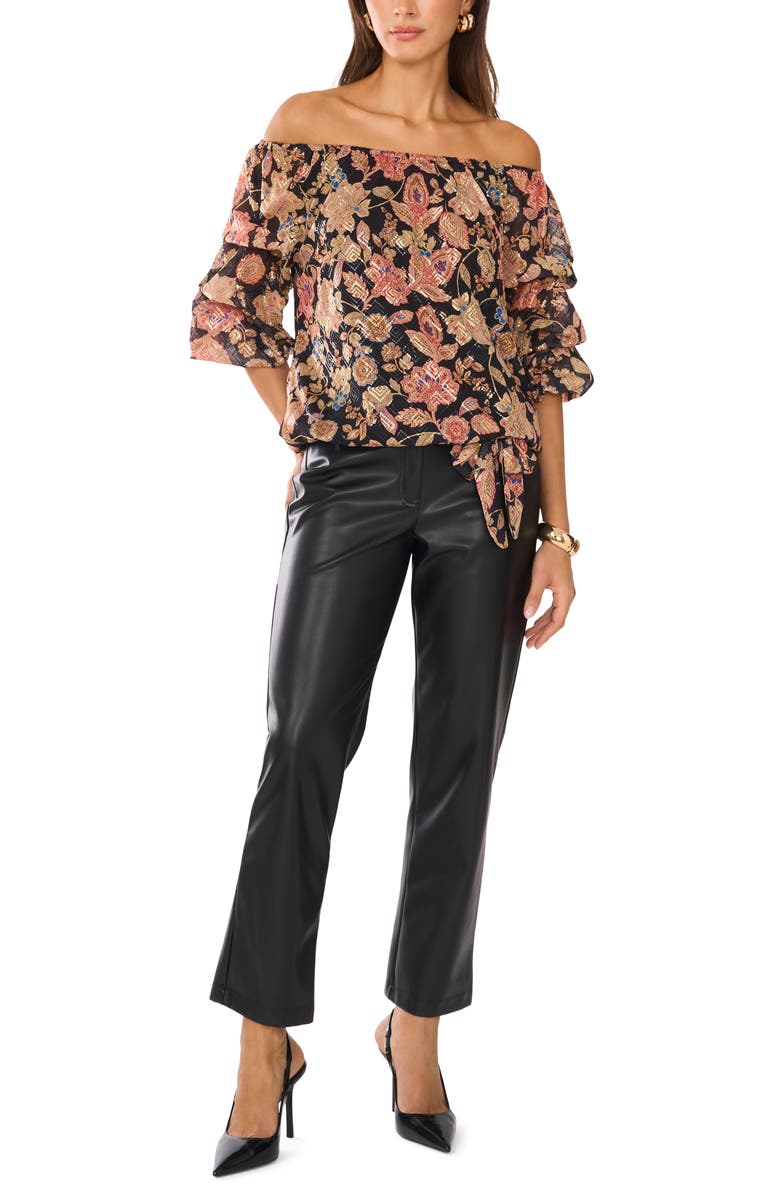 Vince Camuto Floral Off the Shoulder Bubble Sleeve Top, Alternate, color, Rich Black