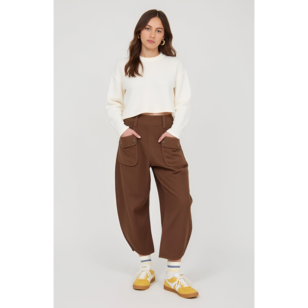 Modenaire Wide-leg Knit Crop Pants With Front Flap Pockets And Elastic Waistband In Brown