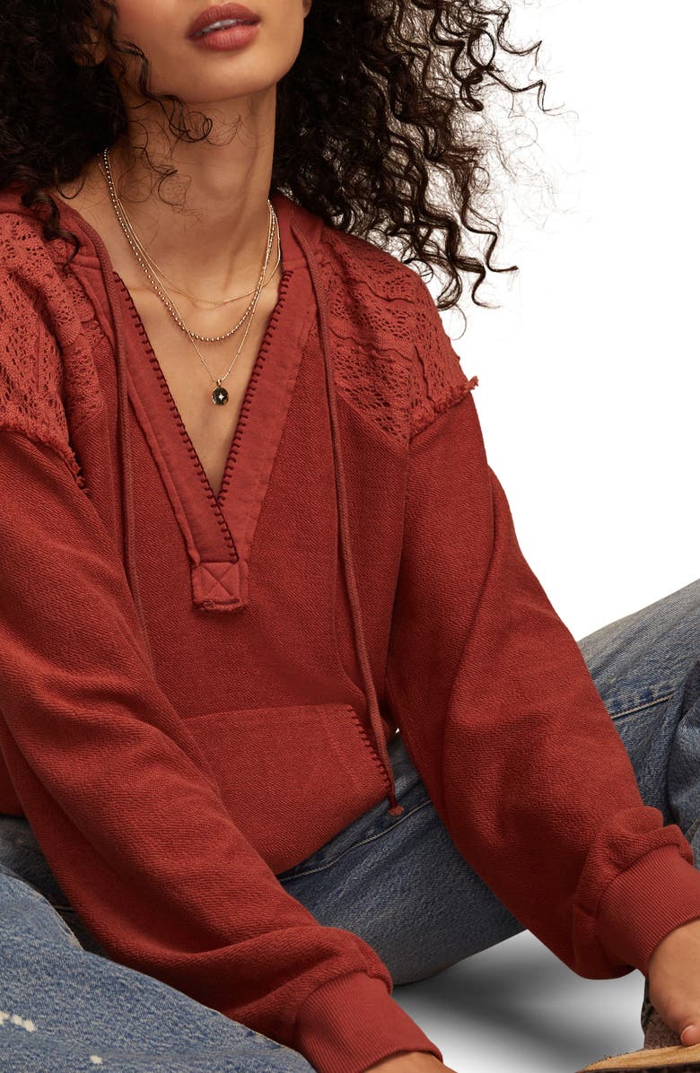 Lucky Brand Lace Baja Cotton Hoodie, Alternate, color, Mahogany