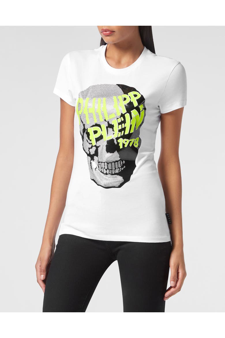 T-Shirt Round Neck Ss Skull Strass Women, Main, color, white