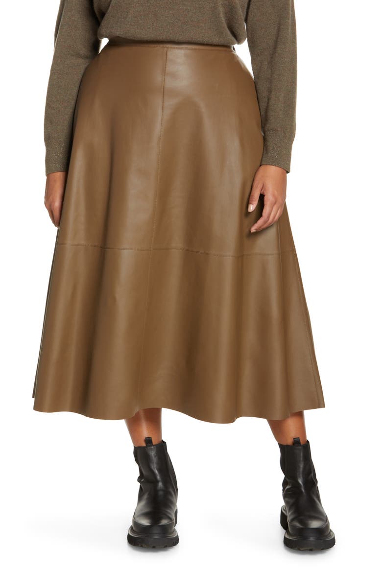 Sumner Plonge Leather Midi Skirt, Main, color, ASHWOOD