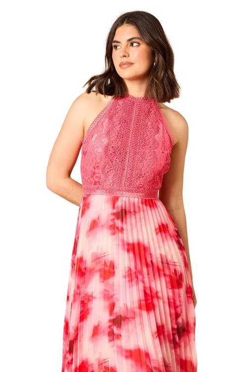 Oasis Printed Lace Mix Halterneck Midi Dress In Pink