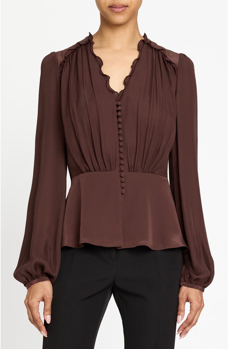 Santorelli Lana Long Sleeve Silk Ruffle Top, Main, color, Raisin
