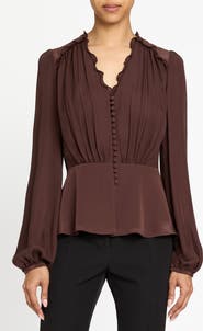 Santorelli Lana Long Sleeve Silk Ruffle Top