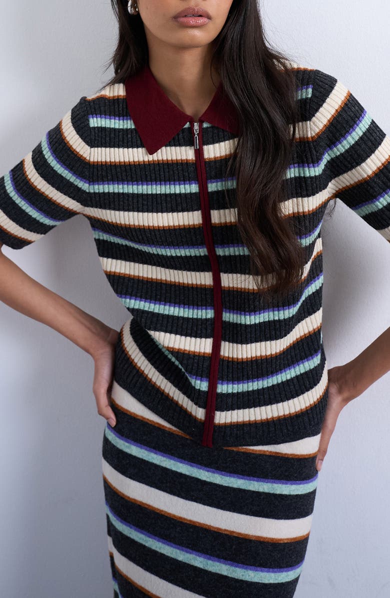 Topshop Stripe Zip Rib Polo, Main, color, Burgundy