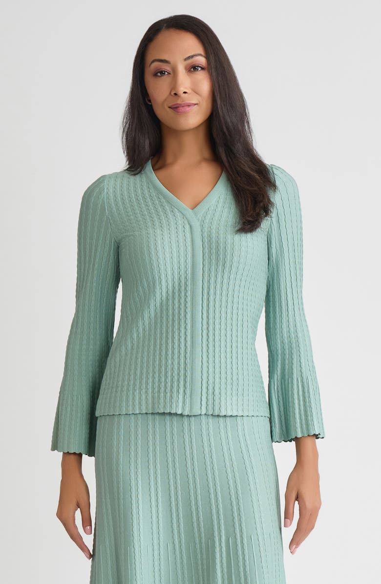 Misook Scalloped Ribbed Knit Bell Sleeve Top, Main, color, Mystic Green