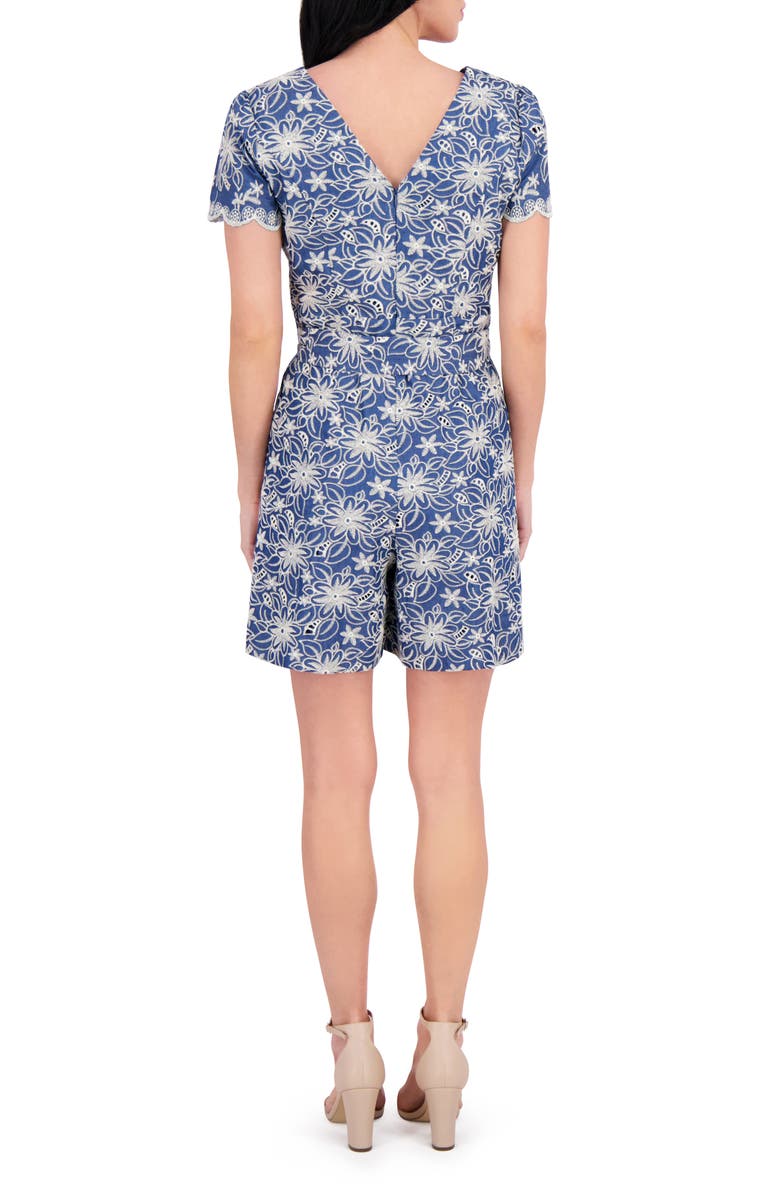 Kensie Embroidered Tie Waist Romper, Alternate, color, Chambray/ Ivory