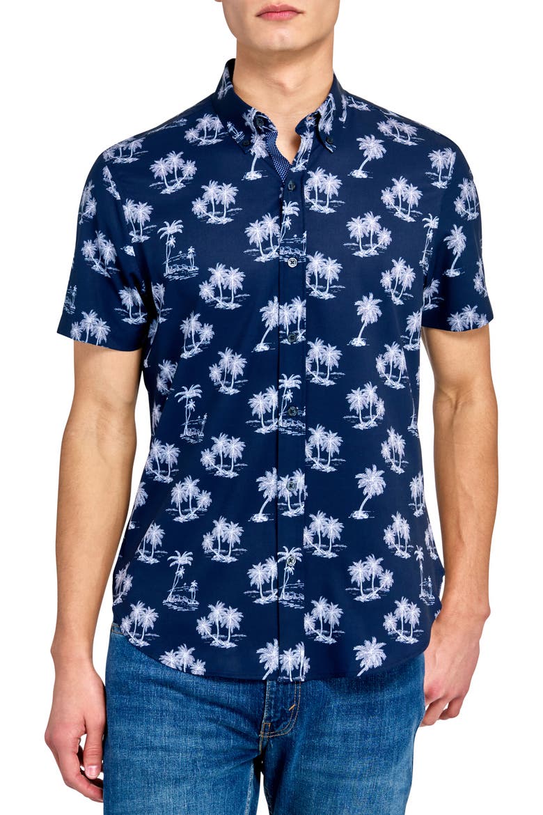 Slim Fit 4-Way Stretch Short Sleeve Button-Up Shirt, Main, color, NAVY