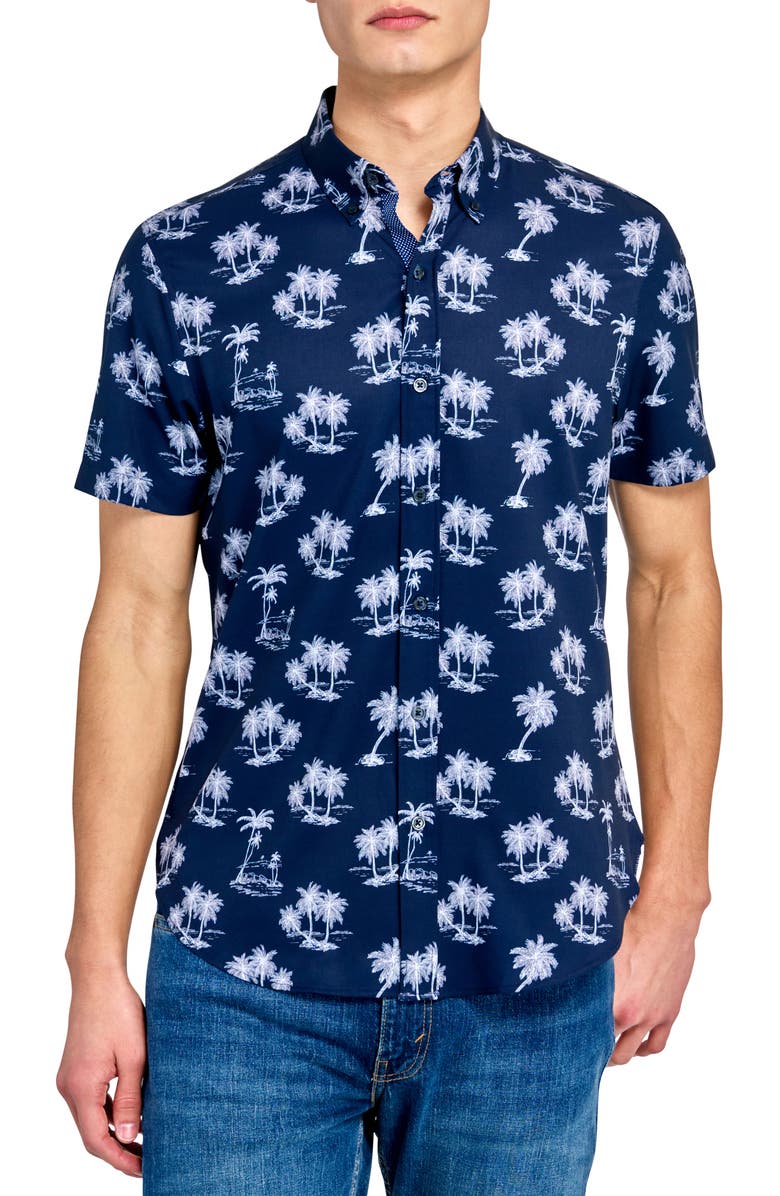 CONSTRUCT Slim Fit 4-Way Stretch Short Sleeve Button-Up Shirt, Main, color, Navy