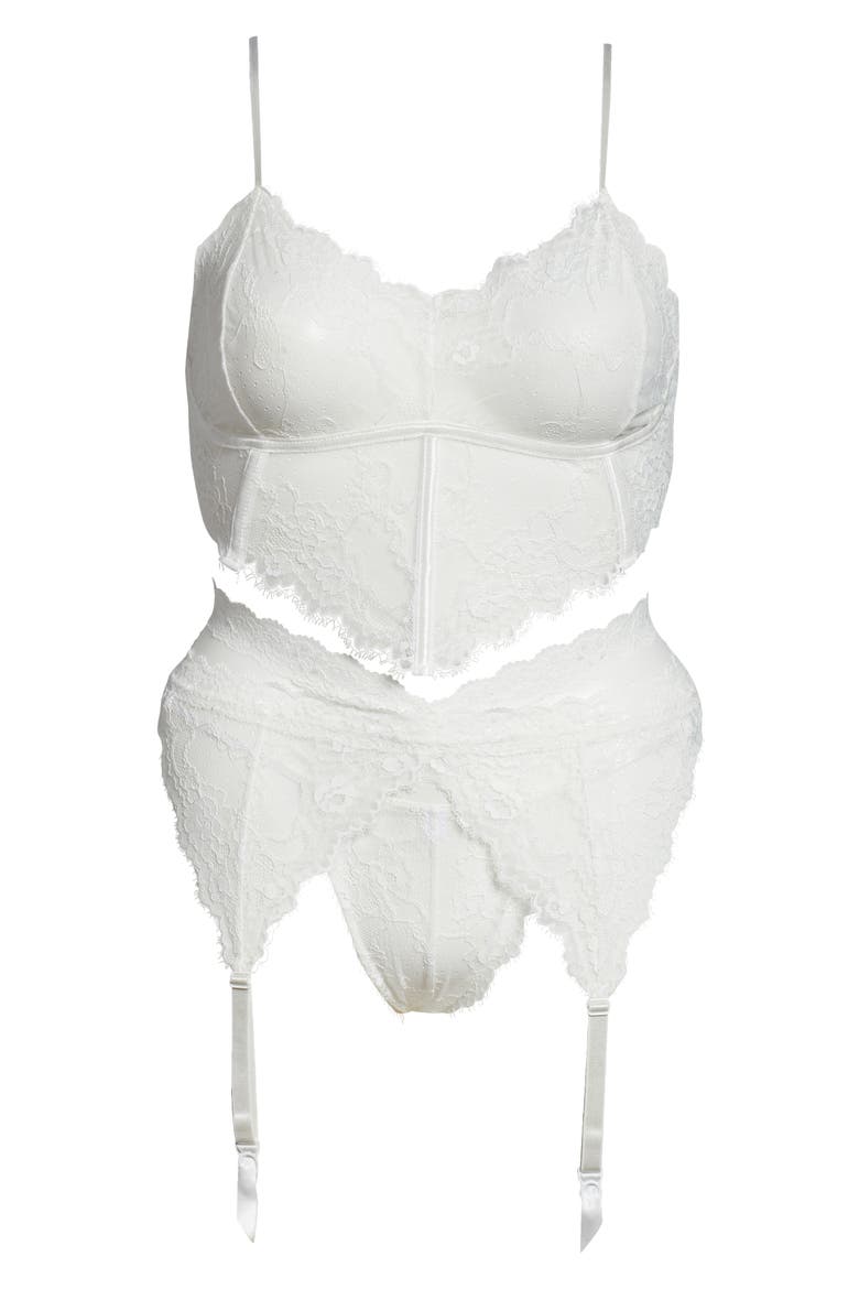 Lace Bra, Garter Belt & G-String Thong Set, Alternate, color, WHITE