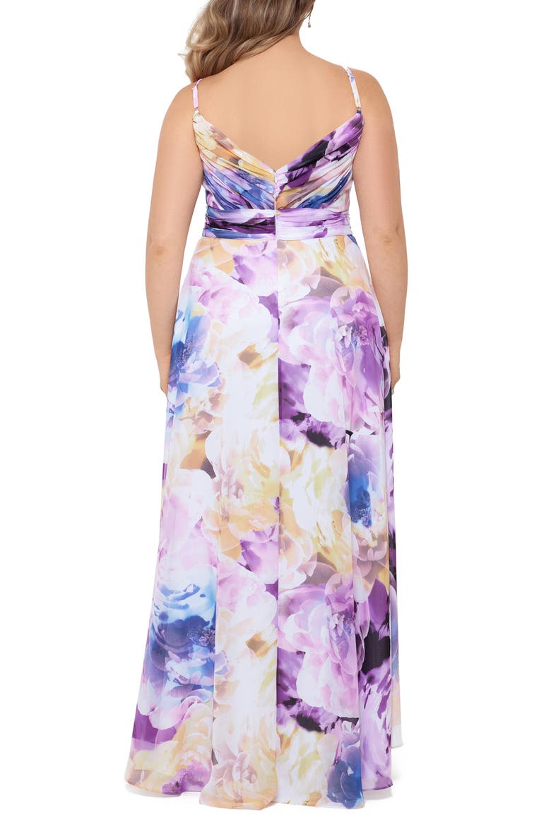 Xscape Pleated Floral Chiffon A-Line Gown, Alternate, color, YELLOW MULTI