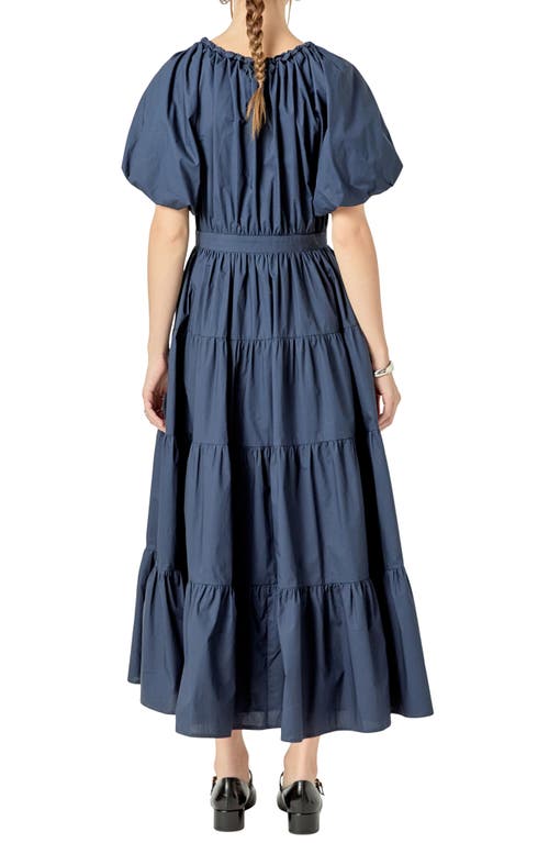 English Factory Puff Sleeve Tiered Maxi Dress In Navy