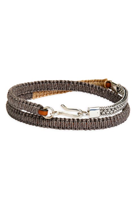 Men's Artisan Sterling Silver & Leather Macramé Double Wrap Bracelet