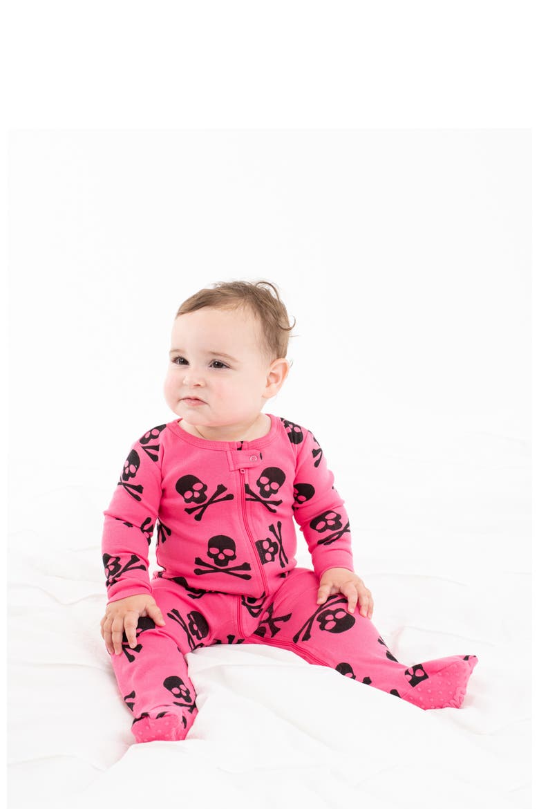 Kids Footed Cotton Halloween Matching Family Pajamas, Fun Prints, Alternate, color, Pink Skulls