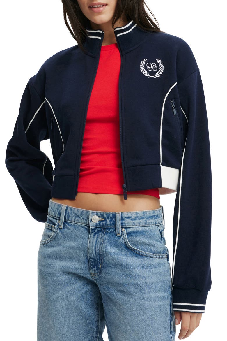Embroidered Crop Full Zip Jacket, Main, color, CO CREST / WINTER NIGHT