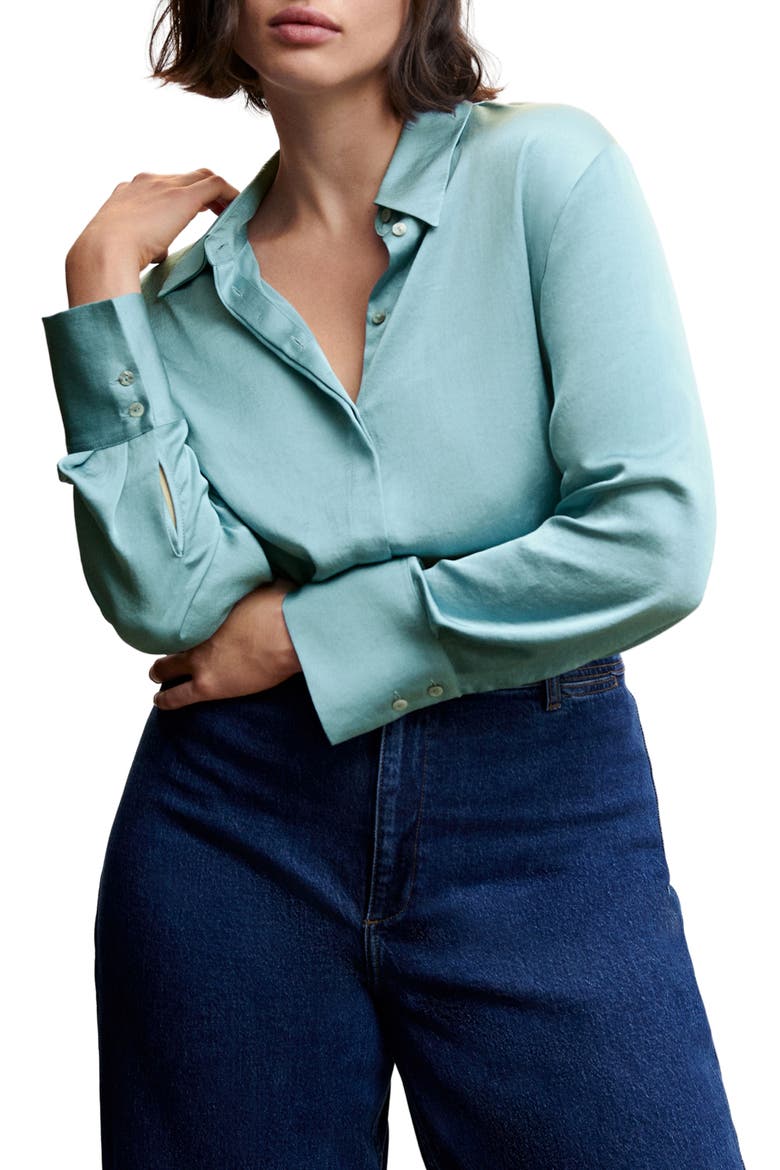 Satin Button-Up Shirt, Alternate, color, MEDIUM BLUE