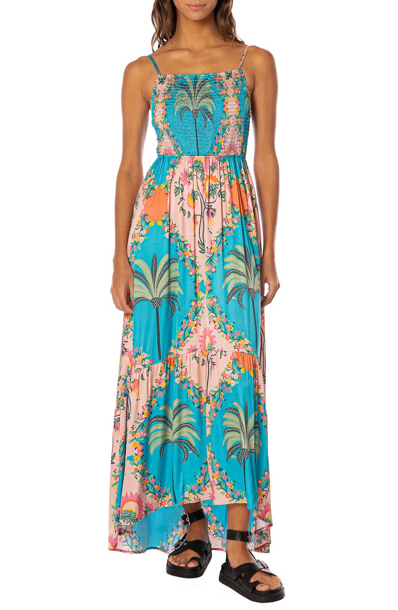 Maaji Isadora Arabian Palm Smocked Cover-Up Maxi Dress, Main, color, Aquamarine