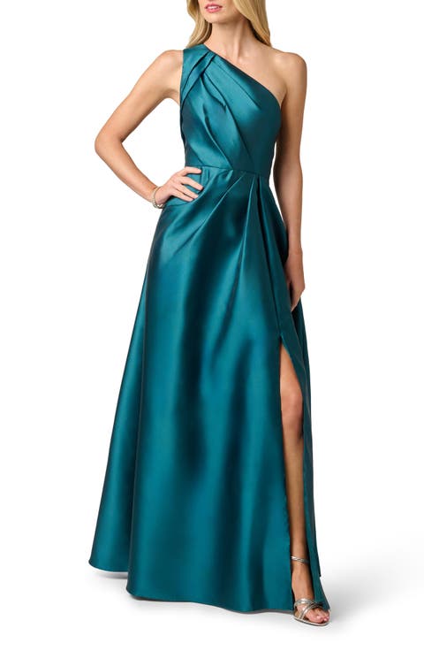 Pleated One-Shoulder Mikado Gown