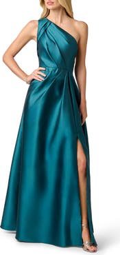 Adrianna Papell Pleated One-Shoulder Mikado Gown