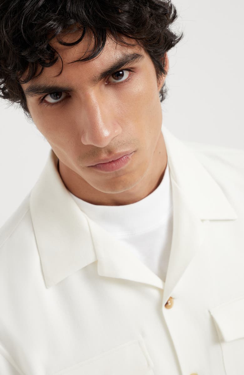 Brunello Cucinelli Wool and cashmere flannel overshirt with camp collar and chest pockets, Alternate, color, 