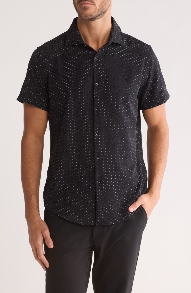 DENIM AND FLOWER White Dots Tech Short Sleeve Button-Up Shirt, Main, color, Black