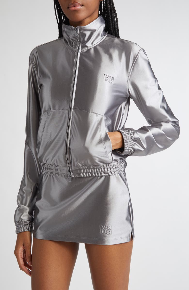Alexander Wang Shrunken Metallic Faille Jacket, Alternate, color, Alloy