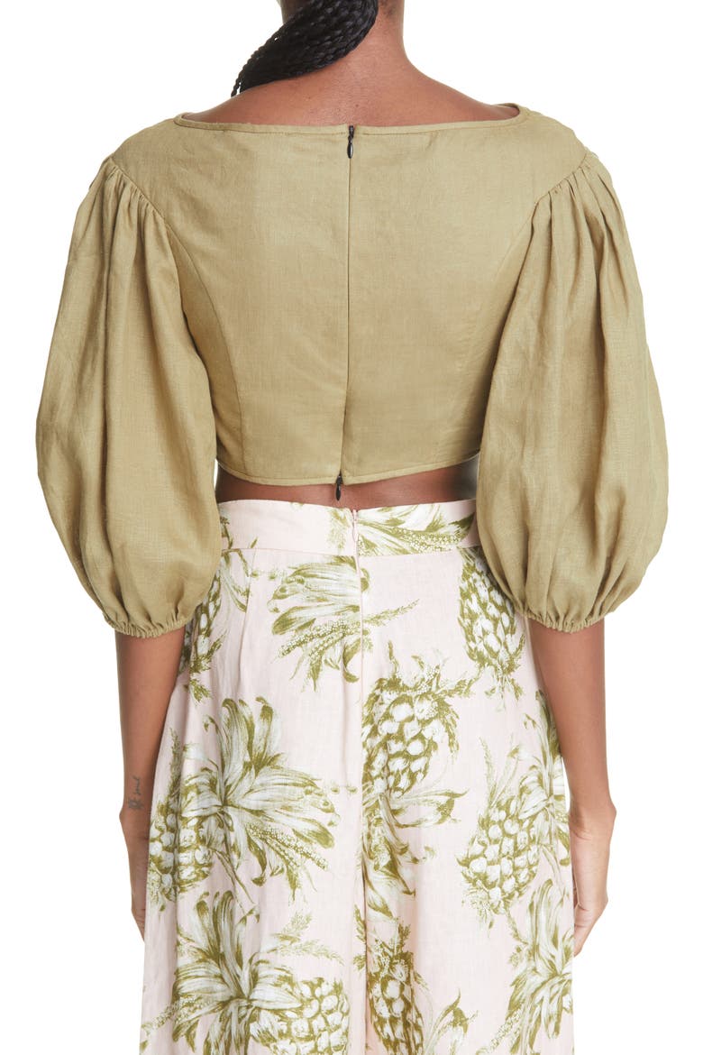 Empire Puff Sleeve Linen Crop Top, Alternate, color, KHAKI