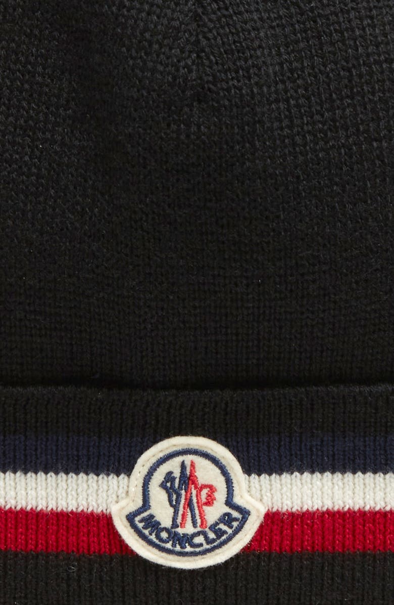 Moncler Logo Patch Stripe Cuff Virgin Wool Beanie, Alternate, color,