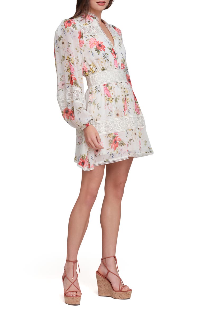 Avec Les Filles Floral Lace Detail Long Sleeve Minidress, Alternate, color, Cream Flower Press