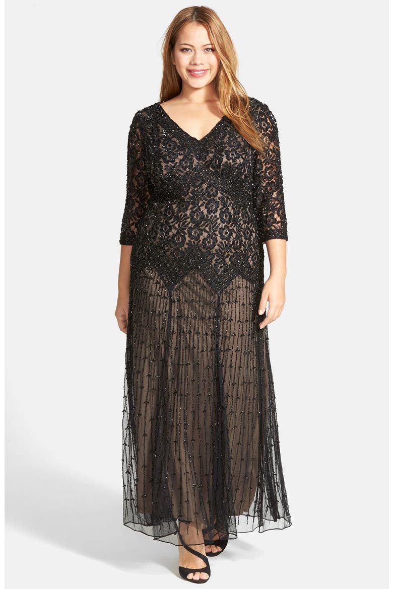 Beaded V-Neck Lace Illusion Gown, Main, color, BLACK