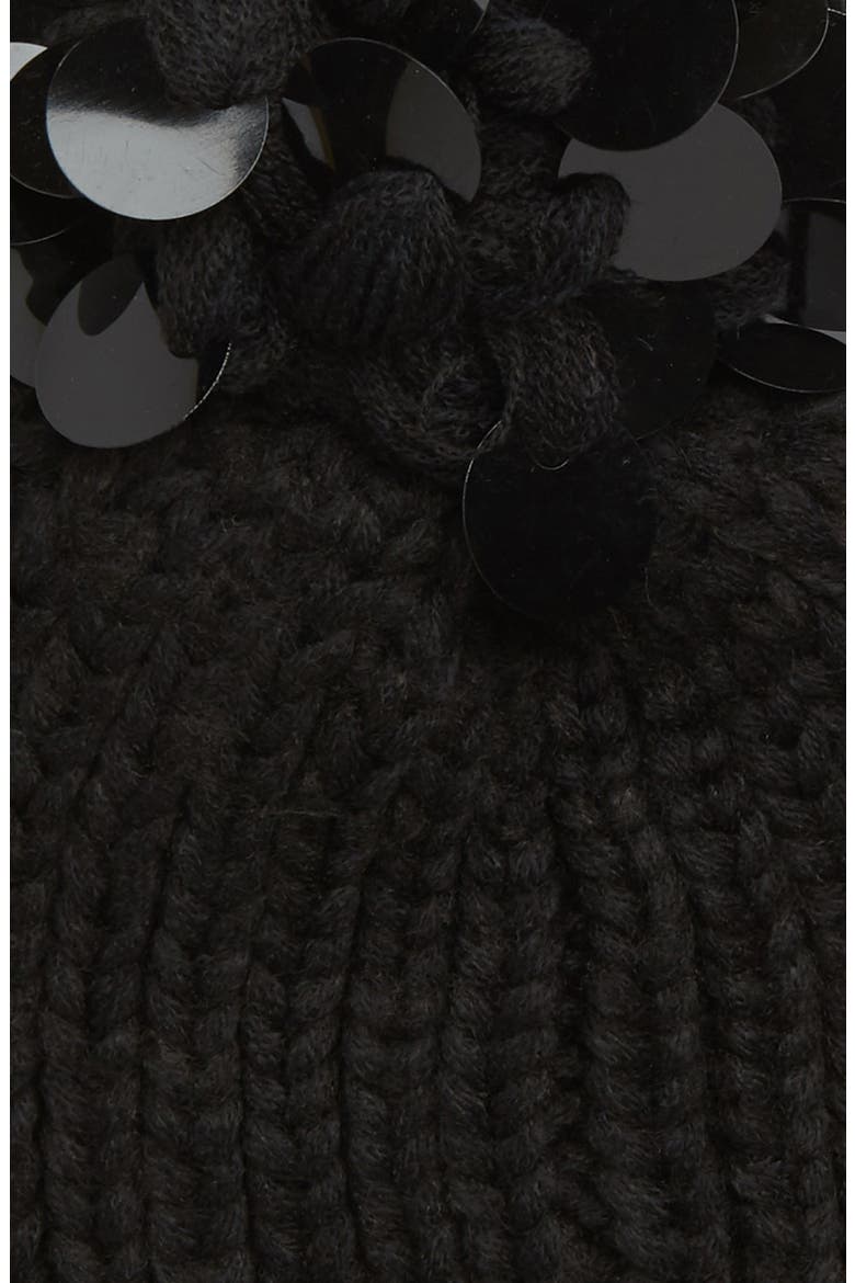 Sequin Pompom Beanie, Alternate, color, BLACK
