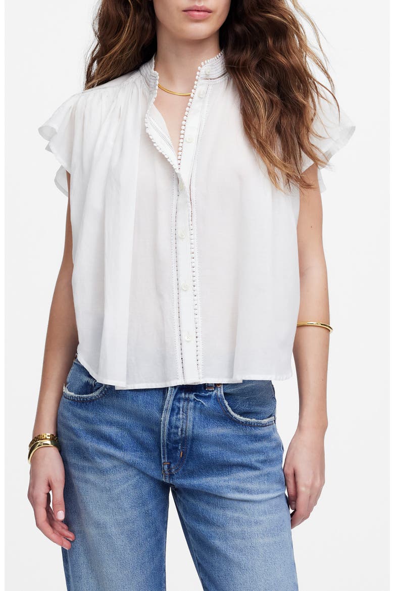 Circle Trim Flutter Sleeve Shirt, Main, color, WHITE