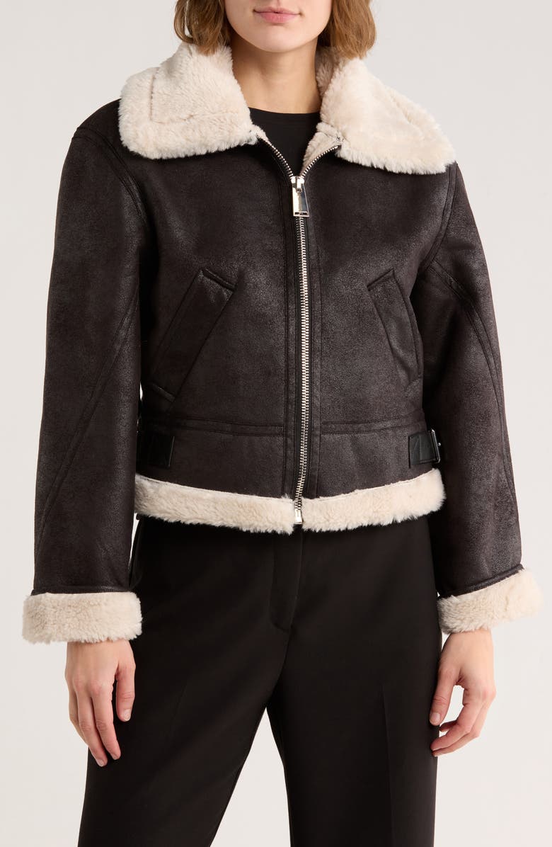 JASON WU Faux Shearling & Faux Leather Crop Jacket, Main, color, Washed Black/ Ivory