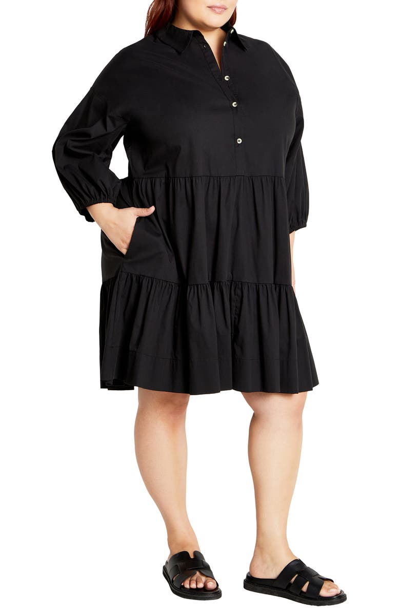 City Chic Vanessa Tiered Shirtdress, Alternate, color, Black
