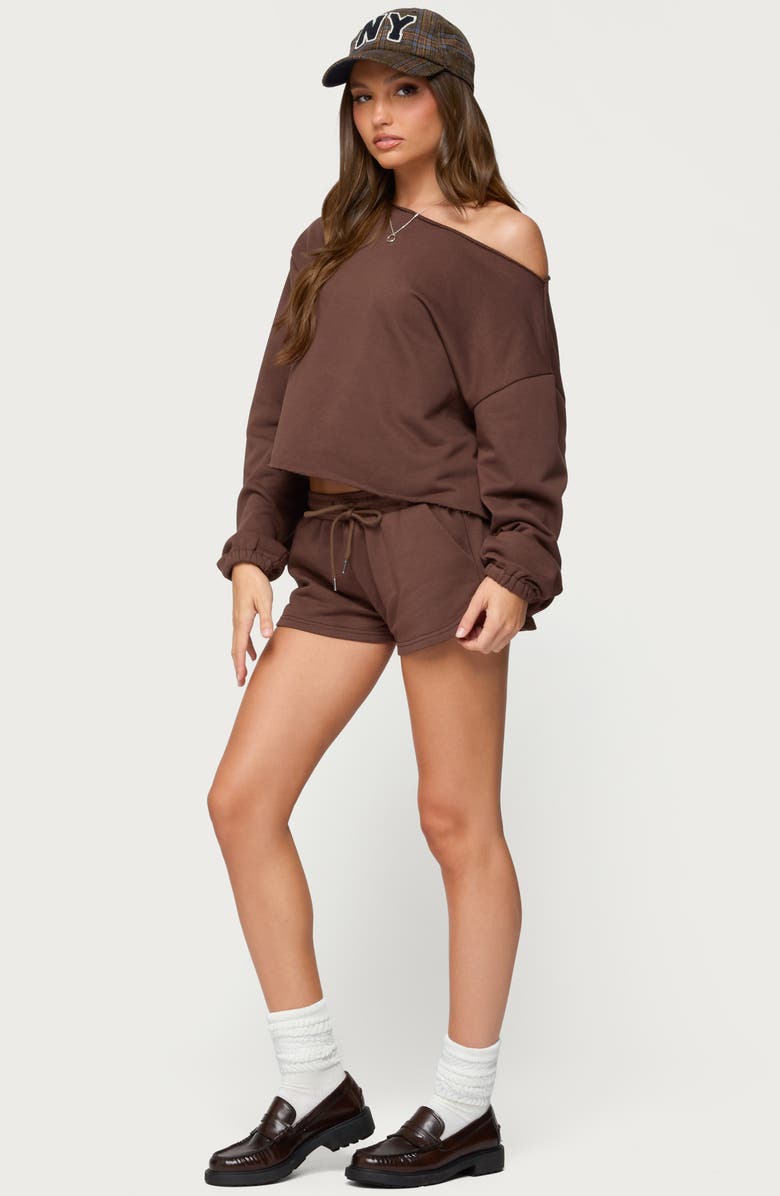 EDIKTED Kordelia Drawstring Sweat Shorts, Alternate, color, Brown