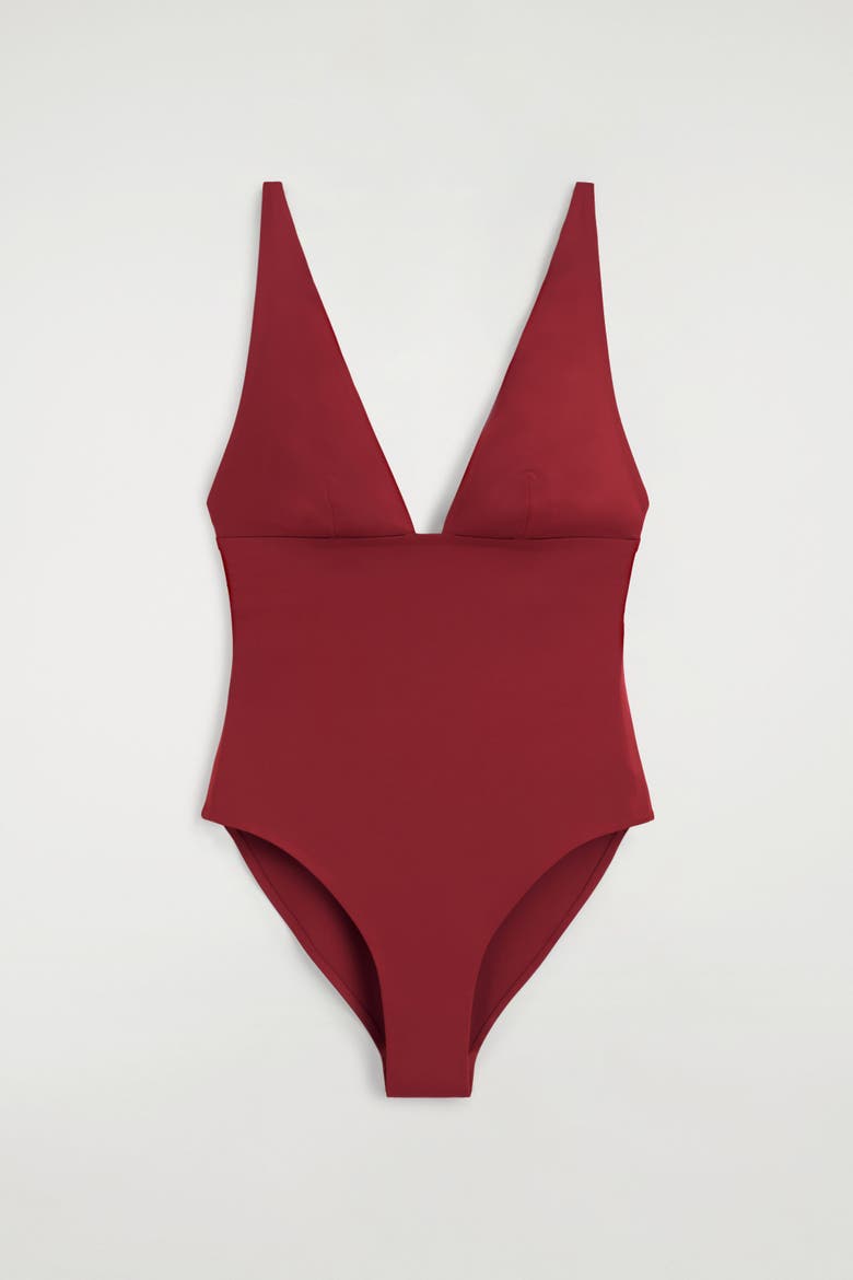 Bonded Scuba Knit V-Neck Swimsuit, Alternate, color, DARK RED
