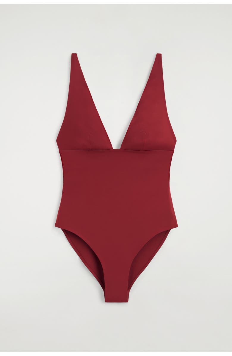 COS Bonded Scuba Knit V-Neck Swimsuit, Alternate, color, Dark Red