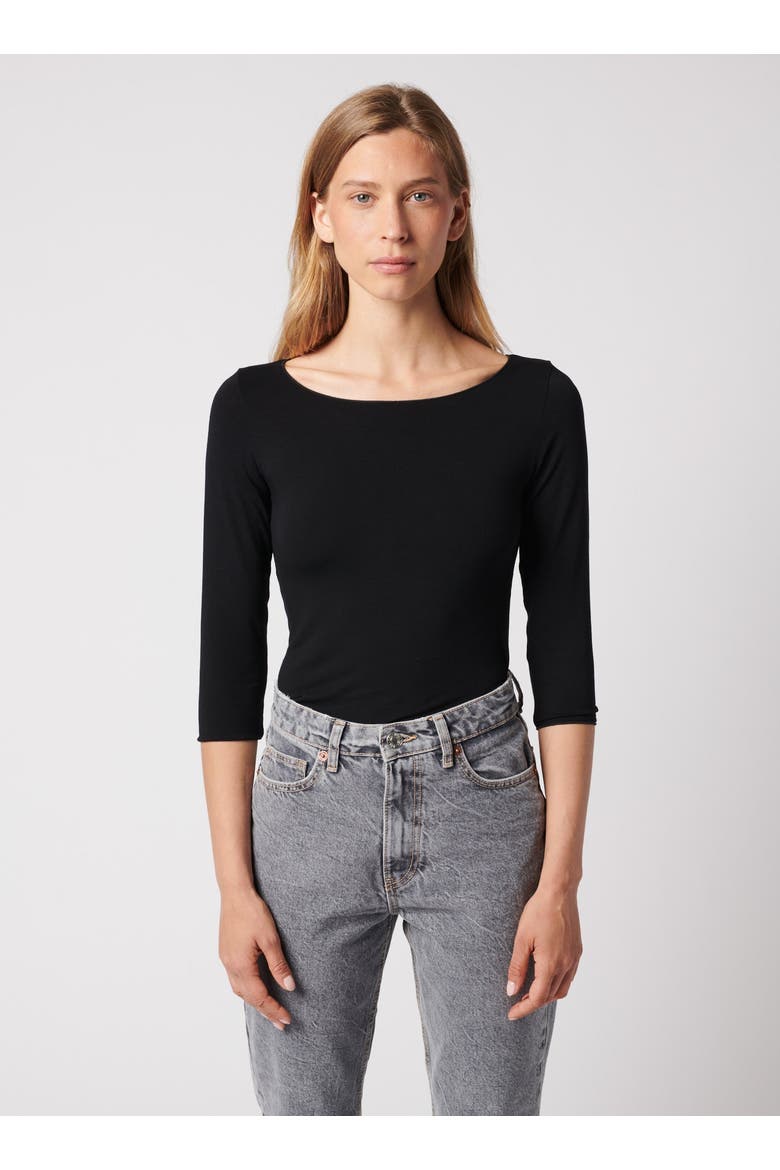 Soft Touch 3/4 Sleeve Merrow Edge Boatneck T-Shirt, Main, color, NOIR