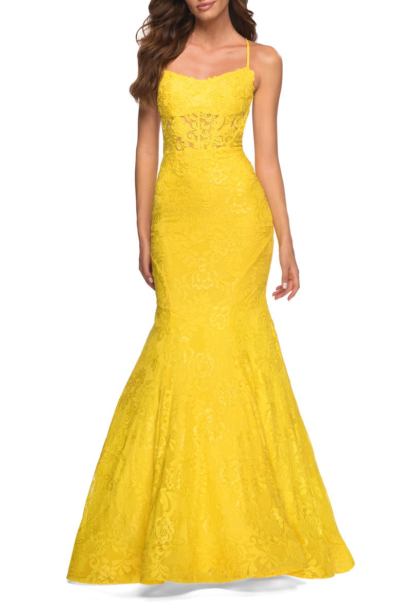 Bright Mermaid Lace Gown with Sheer Bodice and Open Back, Main, color, Yellow