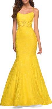 La Femme Bright Mermaid Lace Gown with Sheer Bodice and Open Back