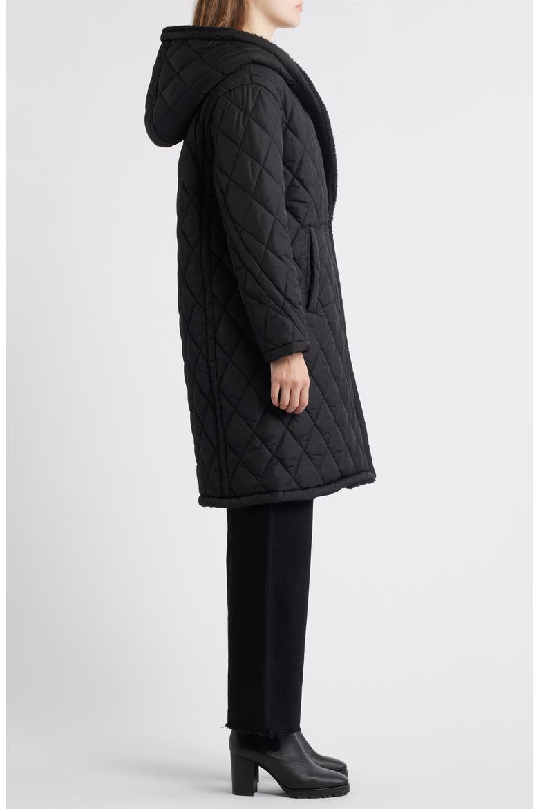 Faux Shearling Lined Quilted Hooded Coat, Alternate, color, BLACK