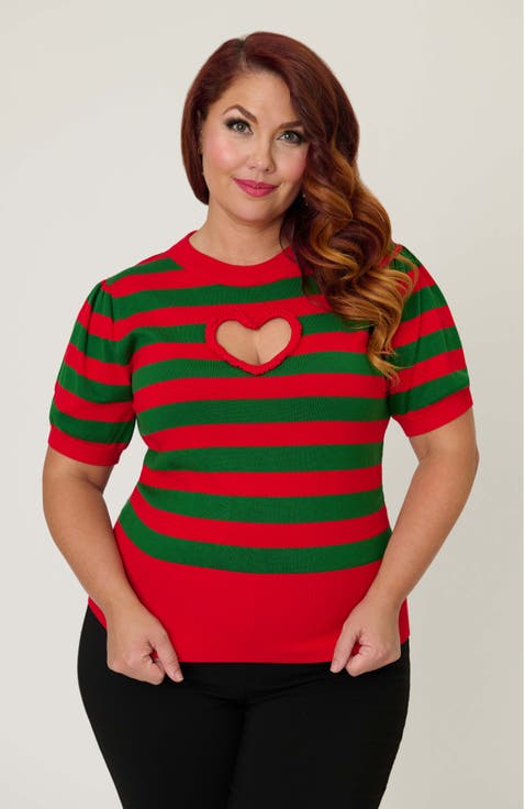 Plus Size Printed Heart Cutout Knit Sweater