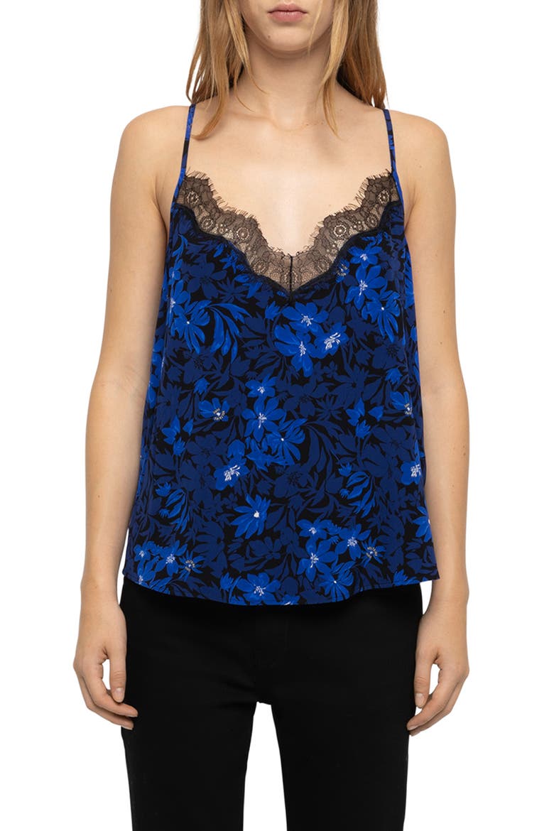 Cespa Floral Print Lace Trim Camisole, Main, color, ELECTRIC