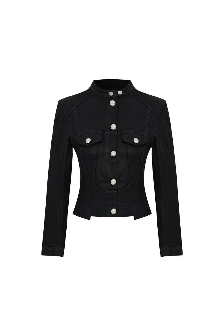Pure Cotton Shiny Coated Women Denim Jacket, Main, color, BLACK