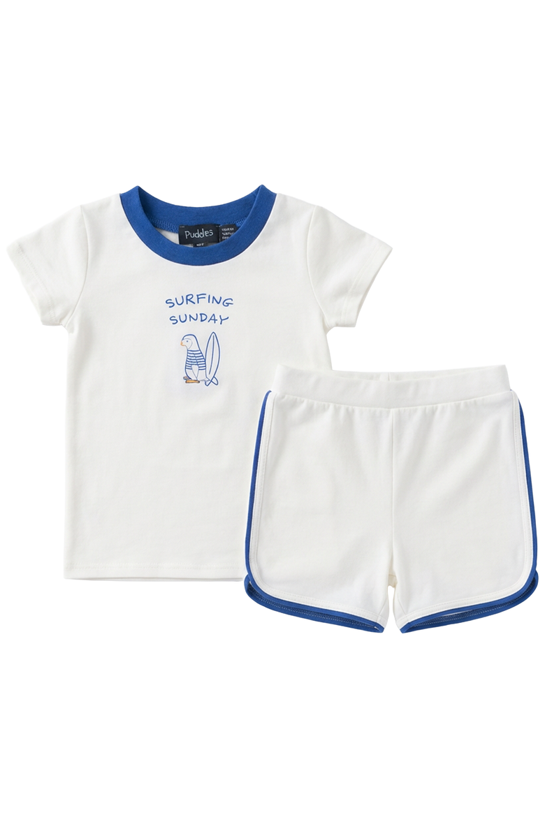 Surfing Sunday Penguin Graphic Top & Piped Elastic Waist Shorts Two Piece Set, Main, color, Off White/Blue