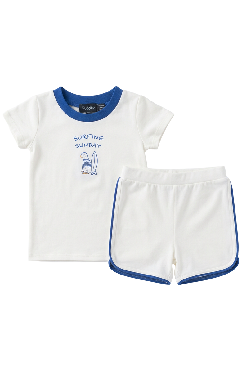 Puddles Surfing Sunday Penguin Cotton Spandex Top & Piped Shorts 2 Piece Set, Main, color, Off White/Blue